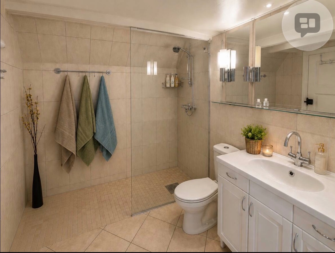 Det andre delvis flislagte badet med moderne, romslig dusjnisje og pen baderomsinnredning.