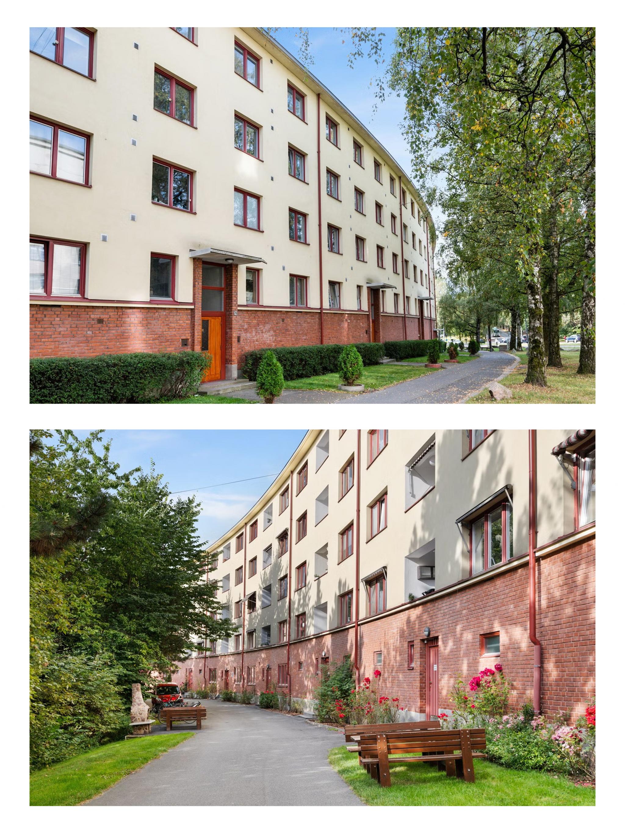 Grønt og rolig inngangsparti og bakside av bygget.