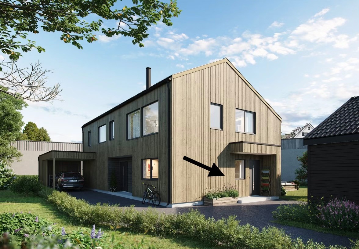 Inngang til hybel med parkeringsplass rett utenfor.