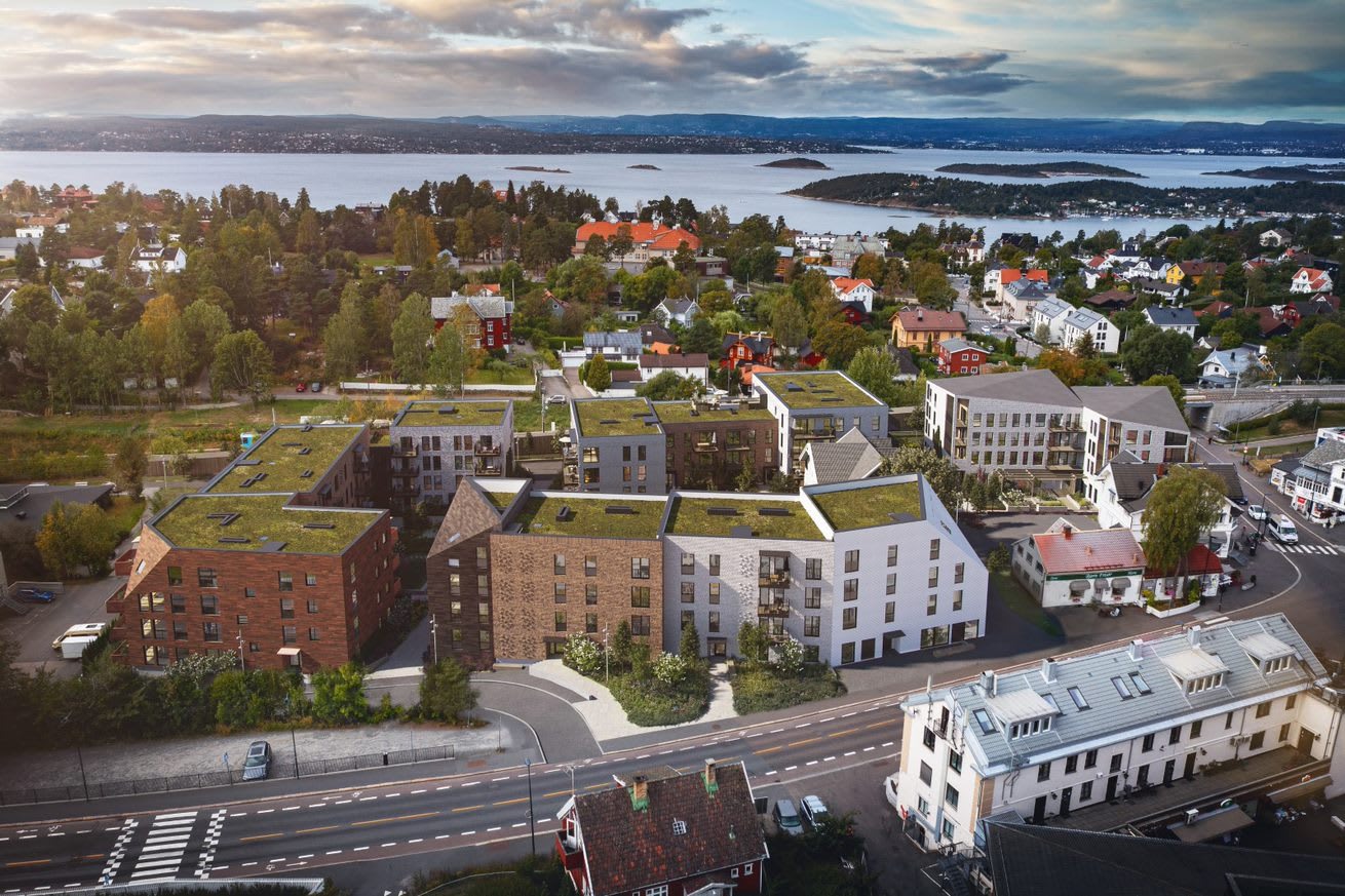 Oversiktsbilde av prosjektet mot fjorden