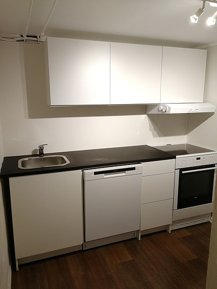 Kjøkken med oppvaskmaskin, komfyr og kombi kjøl/frys.