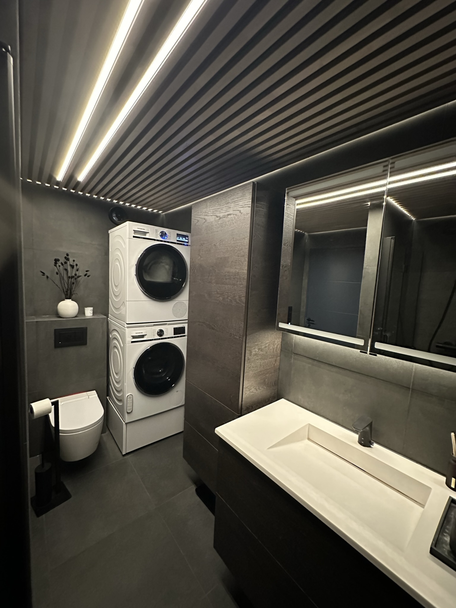 Bad: Vaskemaskin og tørketrommel i Siemens IQ800 serie. Vaskemsaking tar seg av dosering av vaskemiddel. Gebrit aquaclean dusjtoalett gir behagelige og hygieniske toalettbesøk.