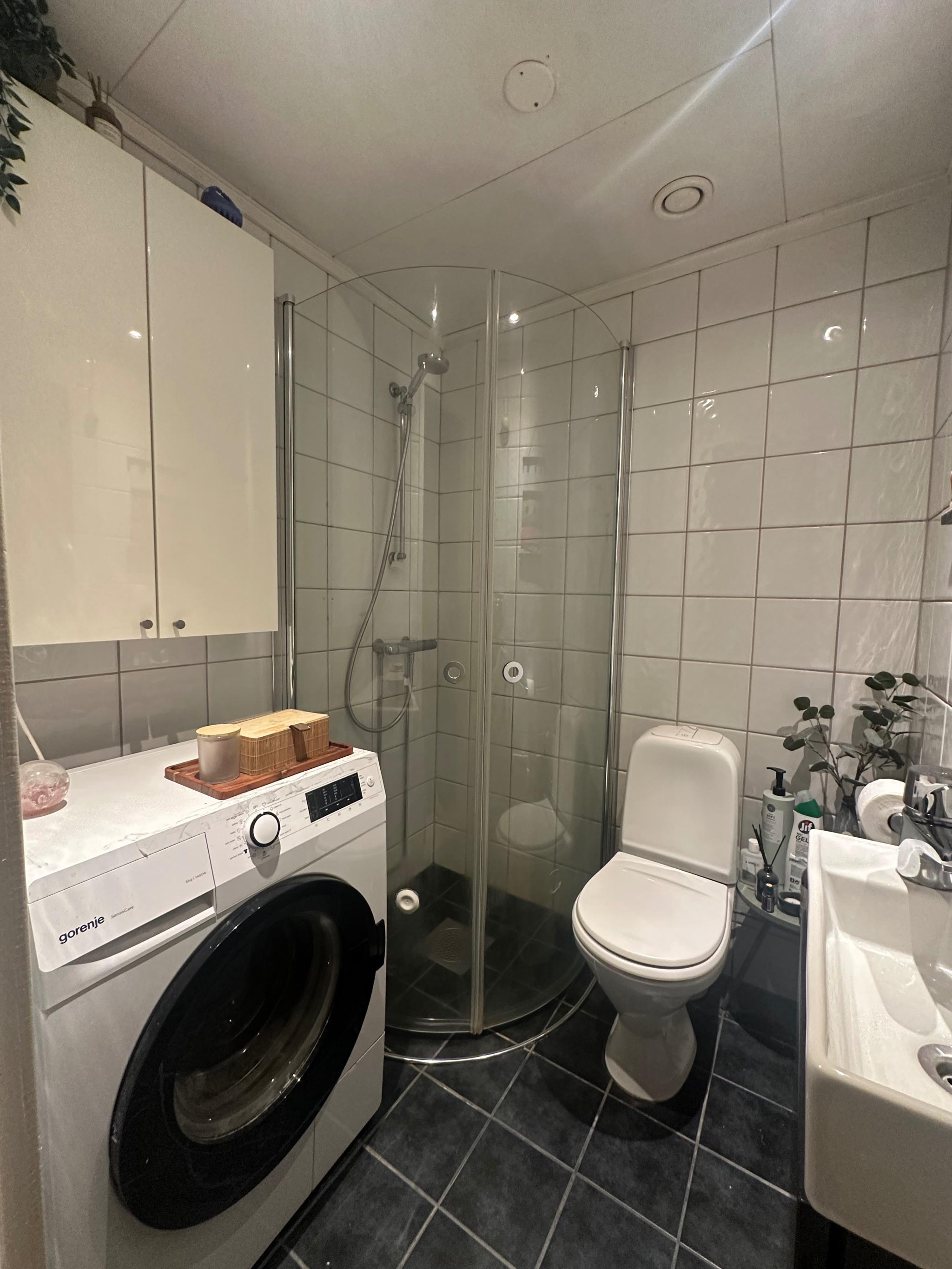 Bad med dusjhjørne og opplegg for vaskemaskin