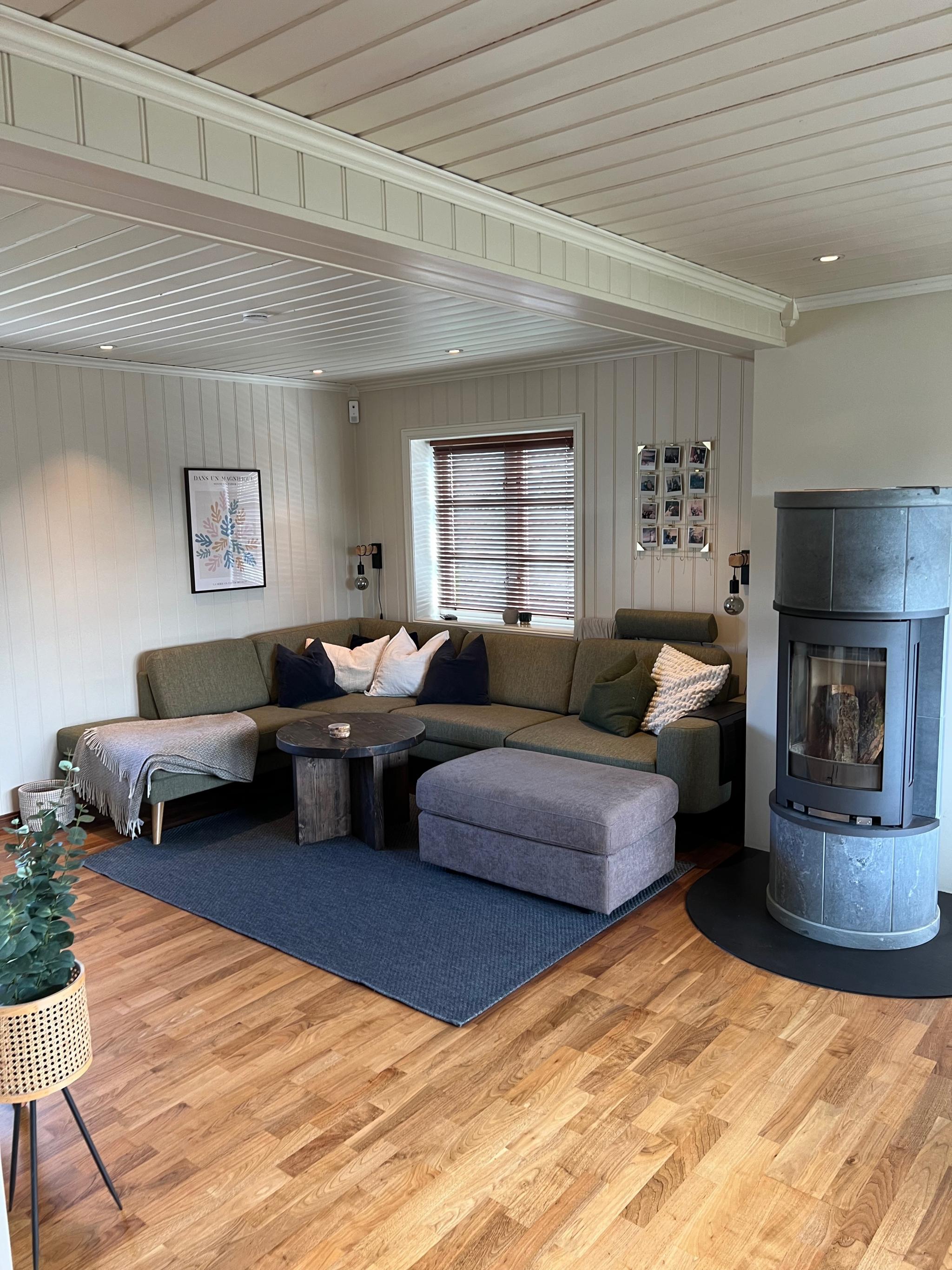 Tv-krok og en stor peis i kleberstein som holder ekstremt godt på varmen