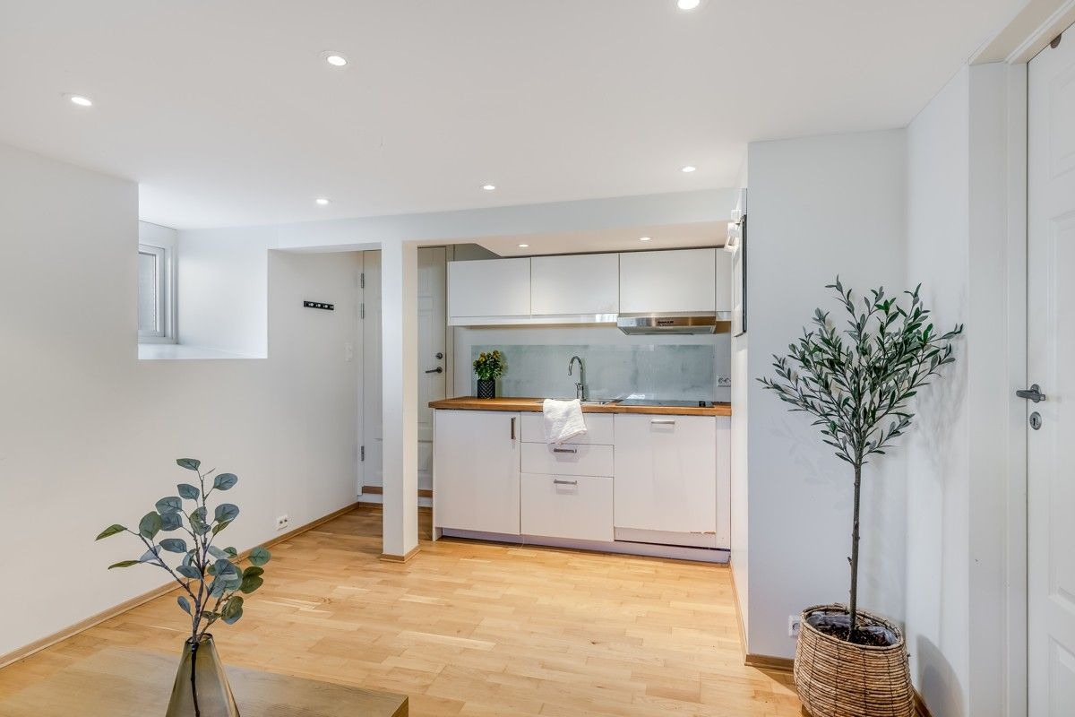 Åpen stue- og kjøkkenløsning, med integrert oppvaskmaskin og kjøleskap.