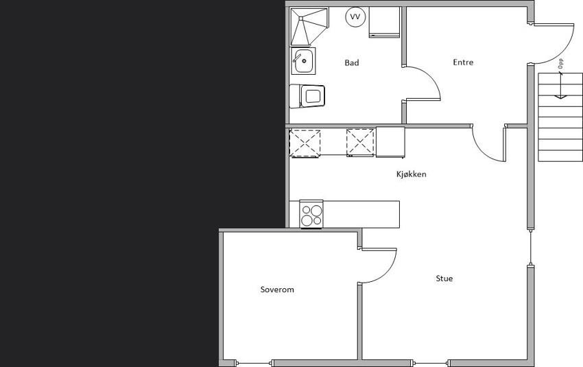 Planløsning. Gangen har hylle og opplegg for oppheng av klær. 