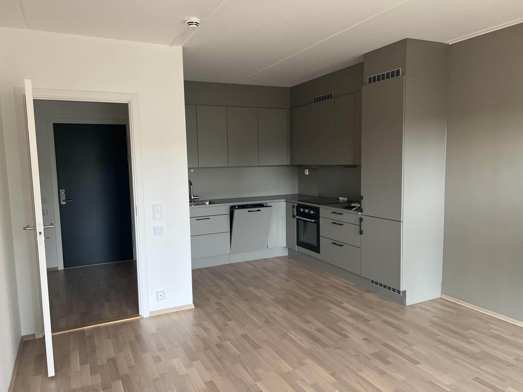 Kjøkken med integrerte hvitevarer.