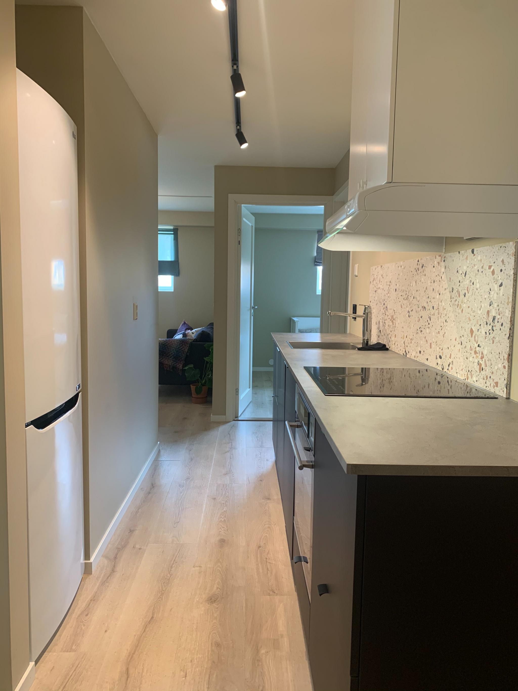 Kjøkken med stort kombiskap (frys/kjøl)