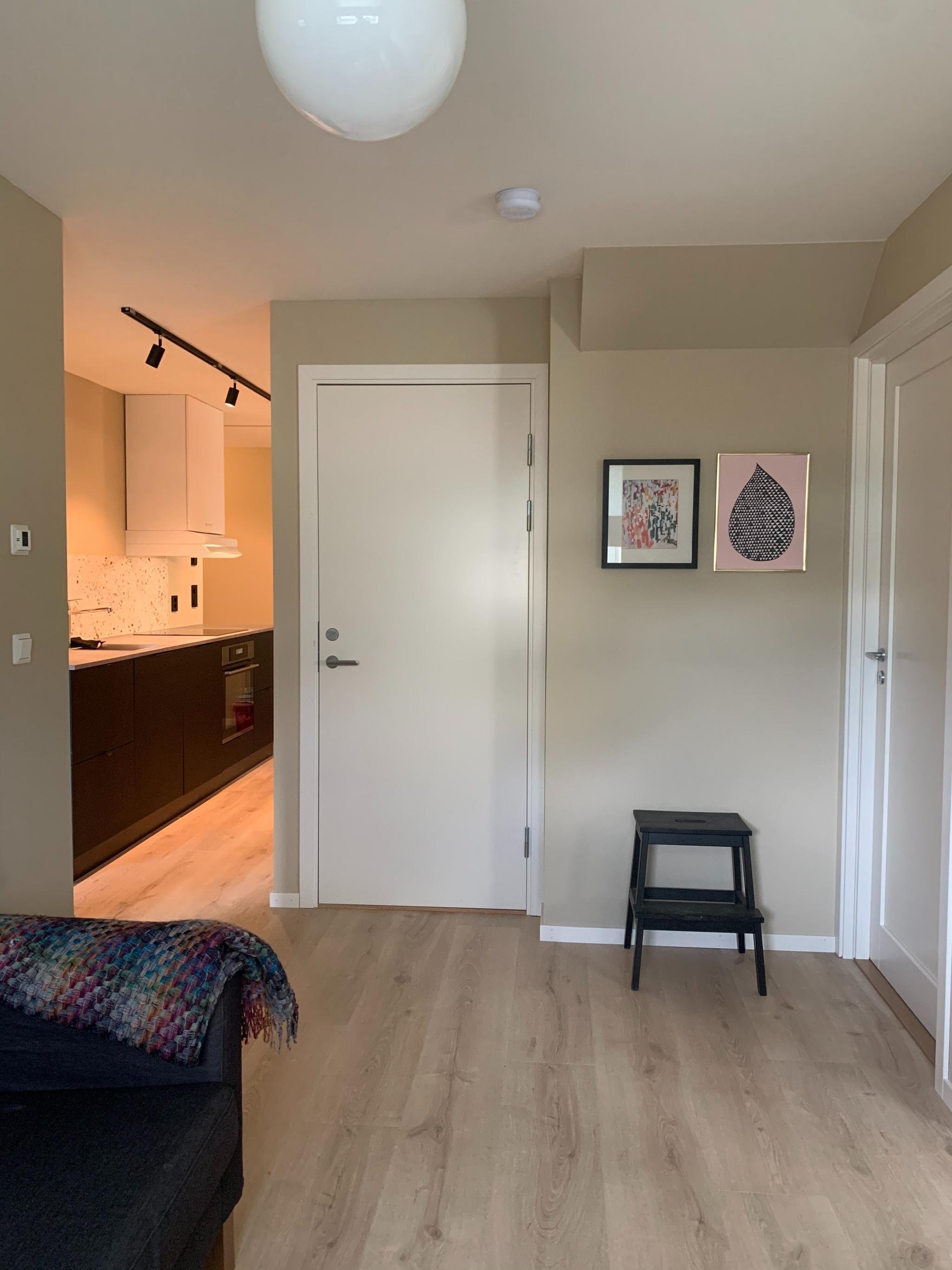 Bilde tatt fra stua. Den avbildede døren er en avstengt branndør som leder til husets innvendige trapp.