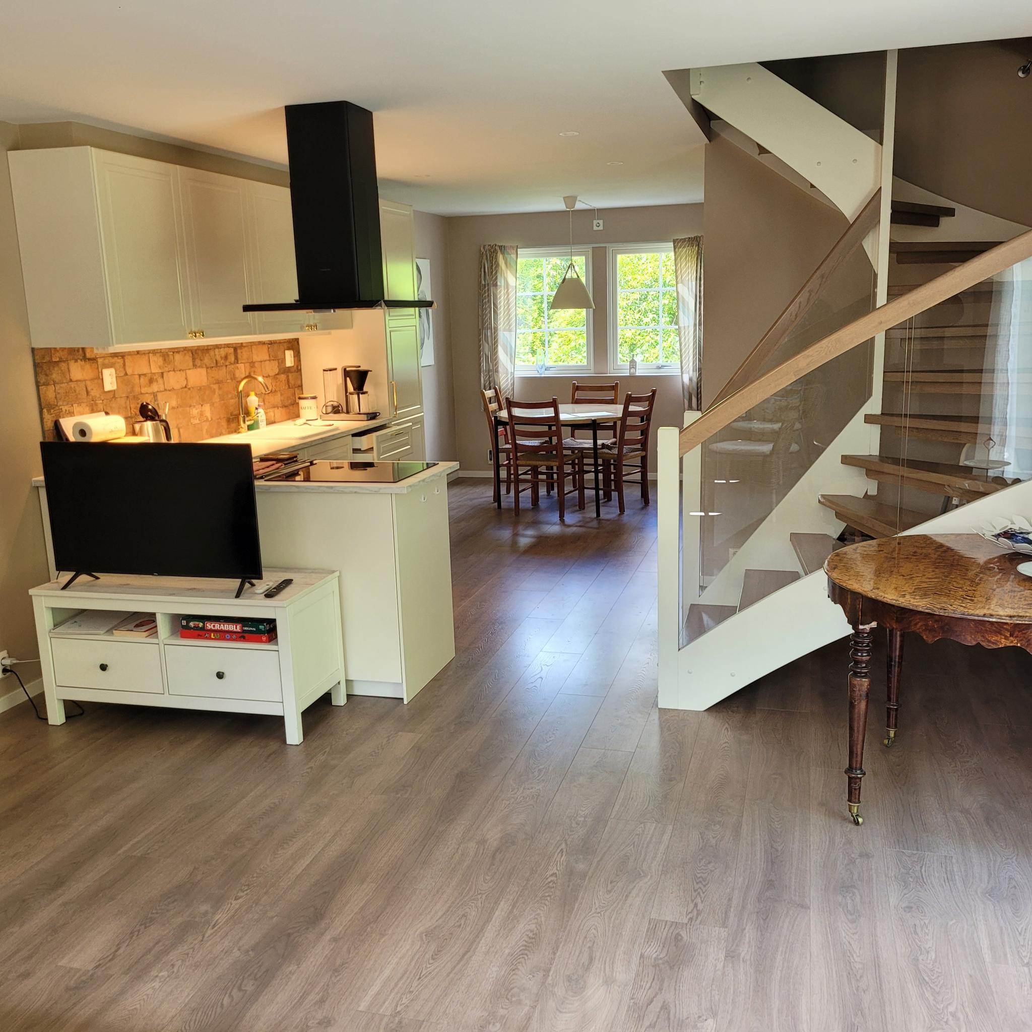 Vifte over komfyren, som ventilerer ut til friluft. TV og TV-benk