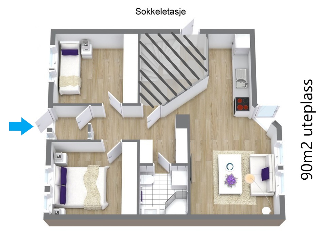 Plantegning. Stiplet område er ikke inkludert