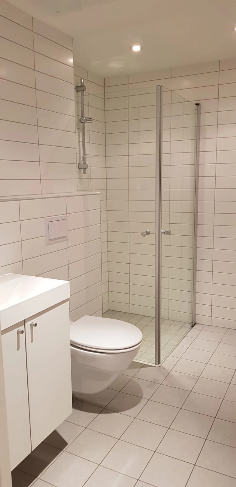 Badet er innredet med toalett, dusjhjørnet og servant. Det er vaskemaskin i gang