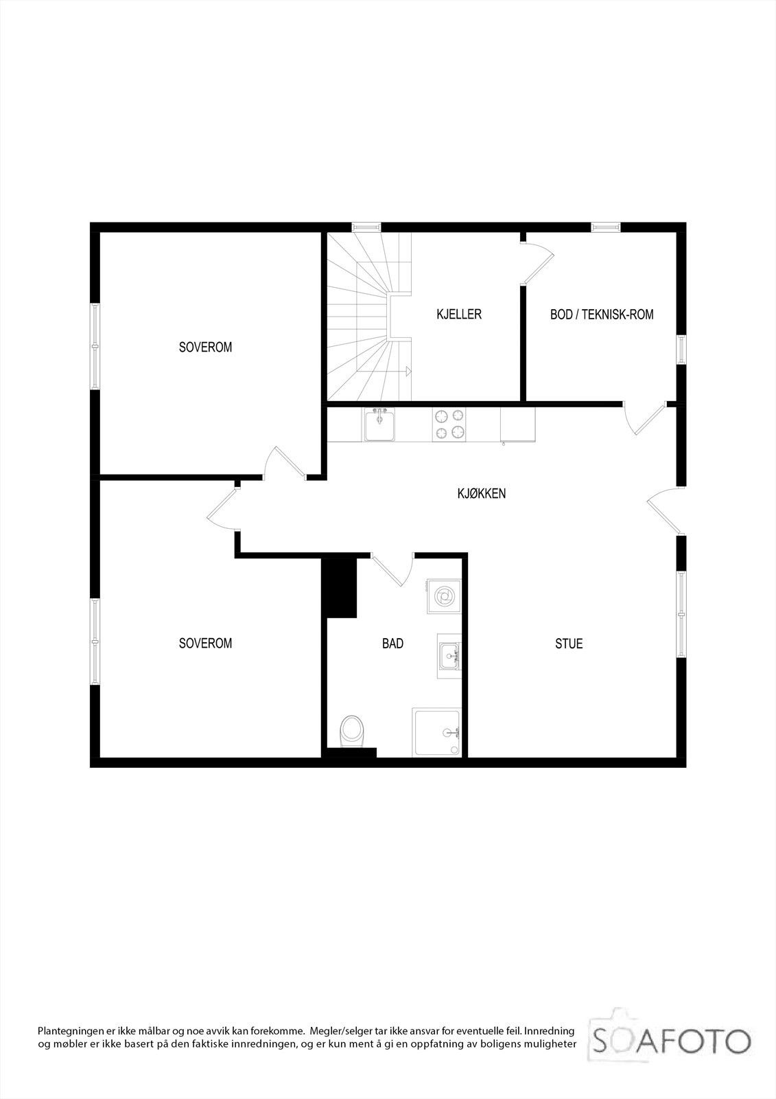 Floor plan (Kjøkken, Stue, Bad, Soverom 1, Soverom 2). Separate private entrance