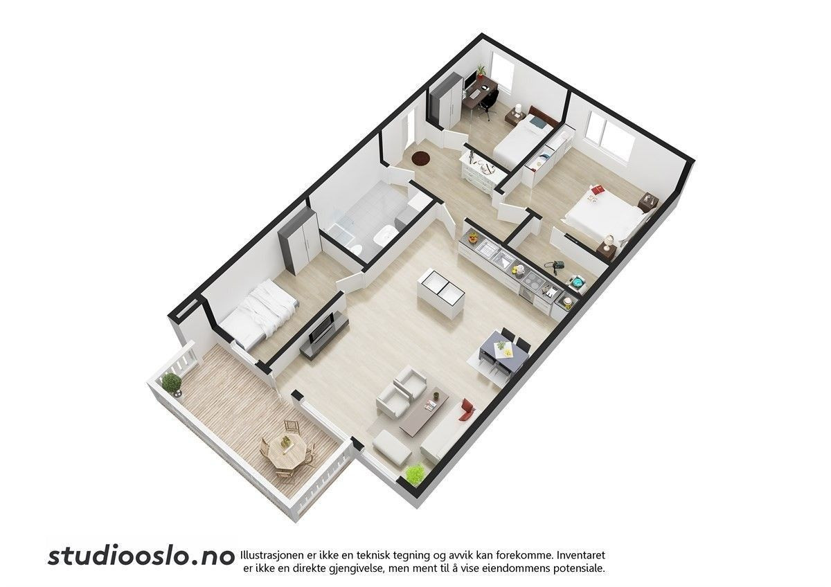 Planløsning med entré, bad, kjøkken, stue, 3 soverom, bod og balkong.