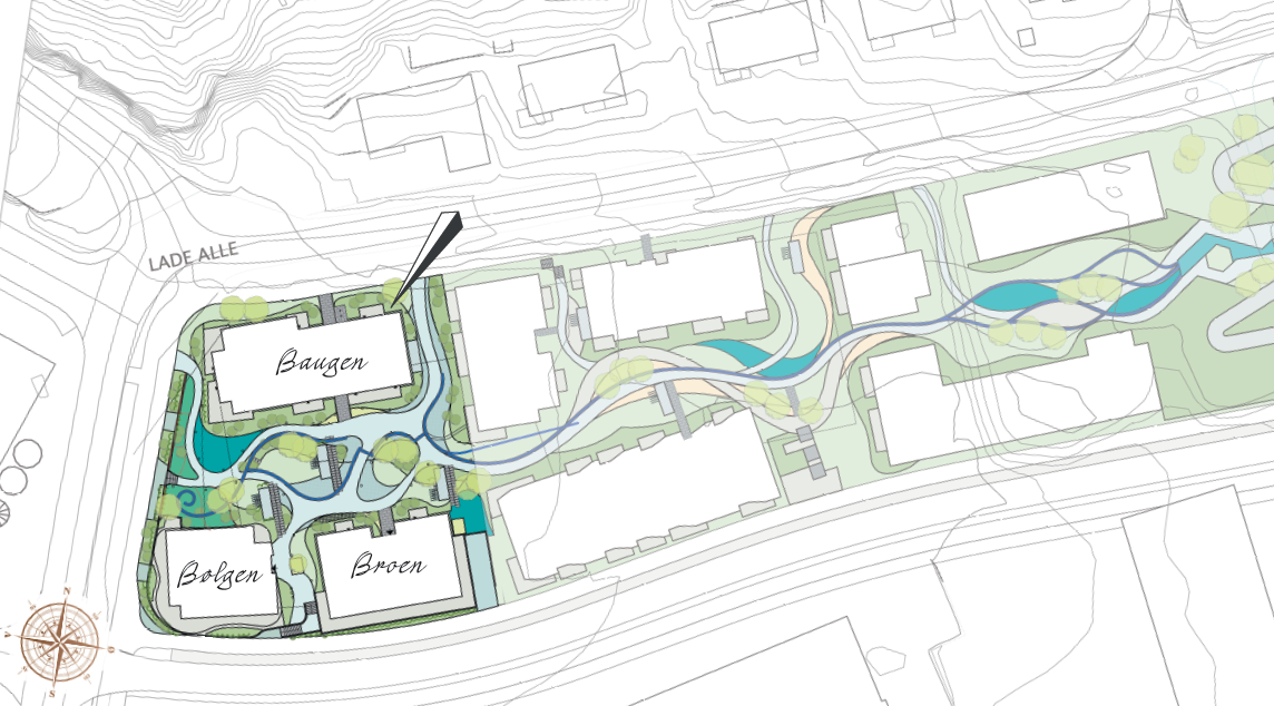 Sameiet består av tre bygg. Leiligheten ligger i bygget "Baugen".