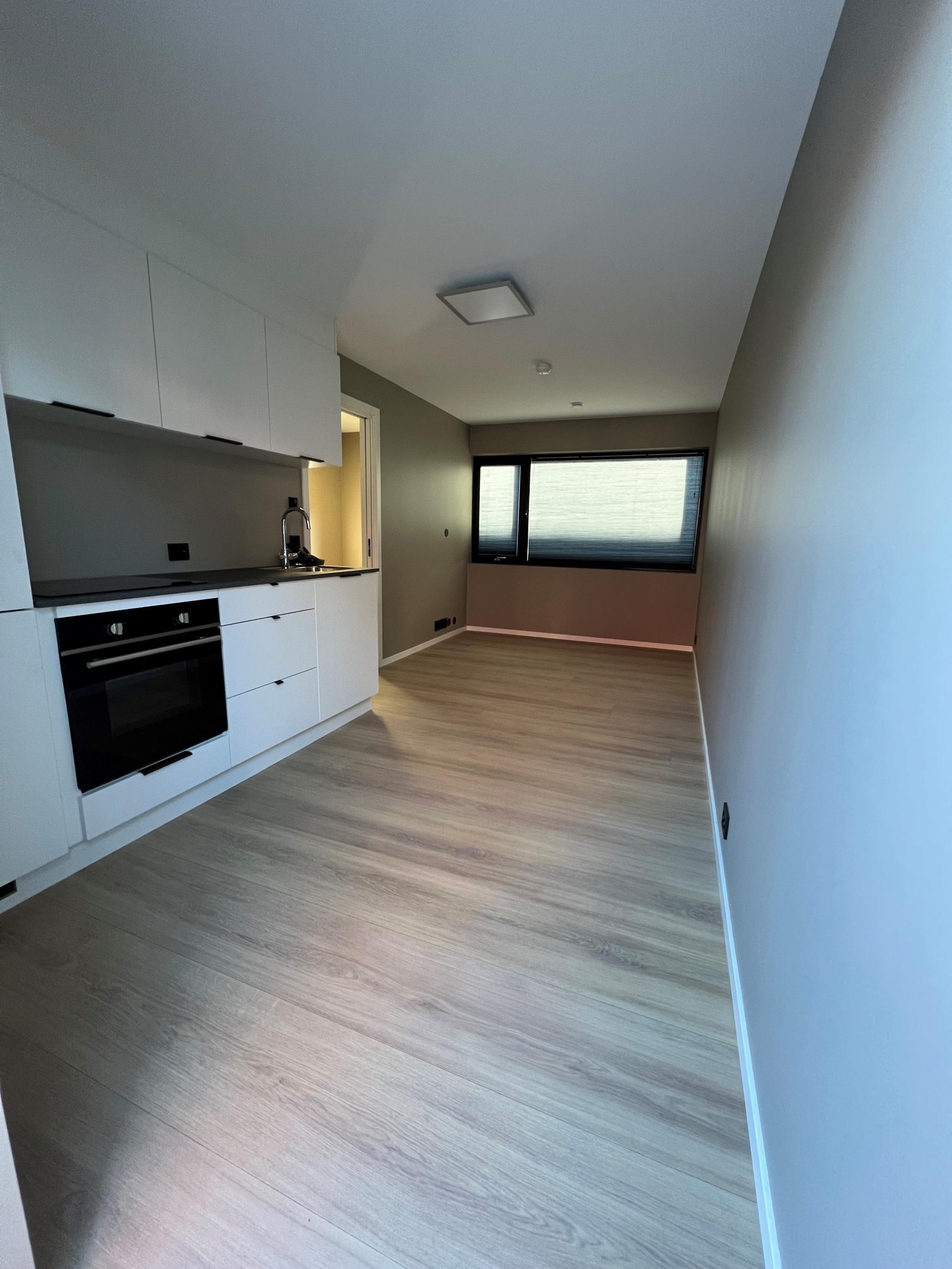 Vinkel fra inngangen til stue og kjøkken med skyvedør inn til soverommet