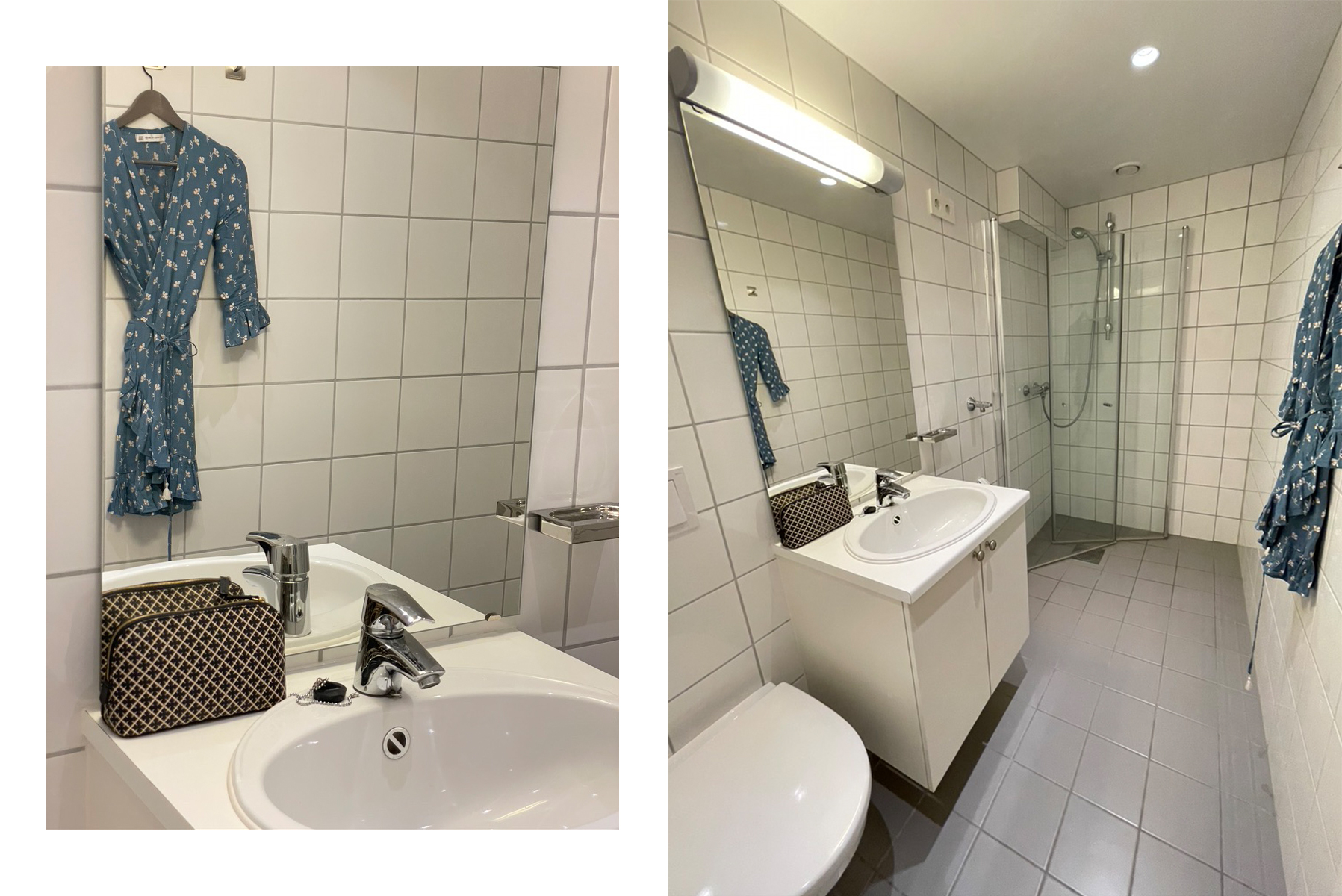 Baderom i høy standard med dusjhjørne, WC, servantskap og Electrolux vaskemaskin 