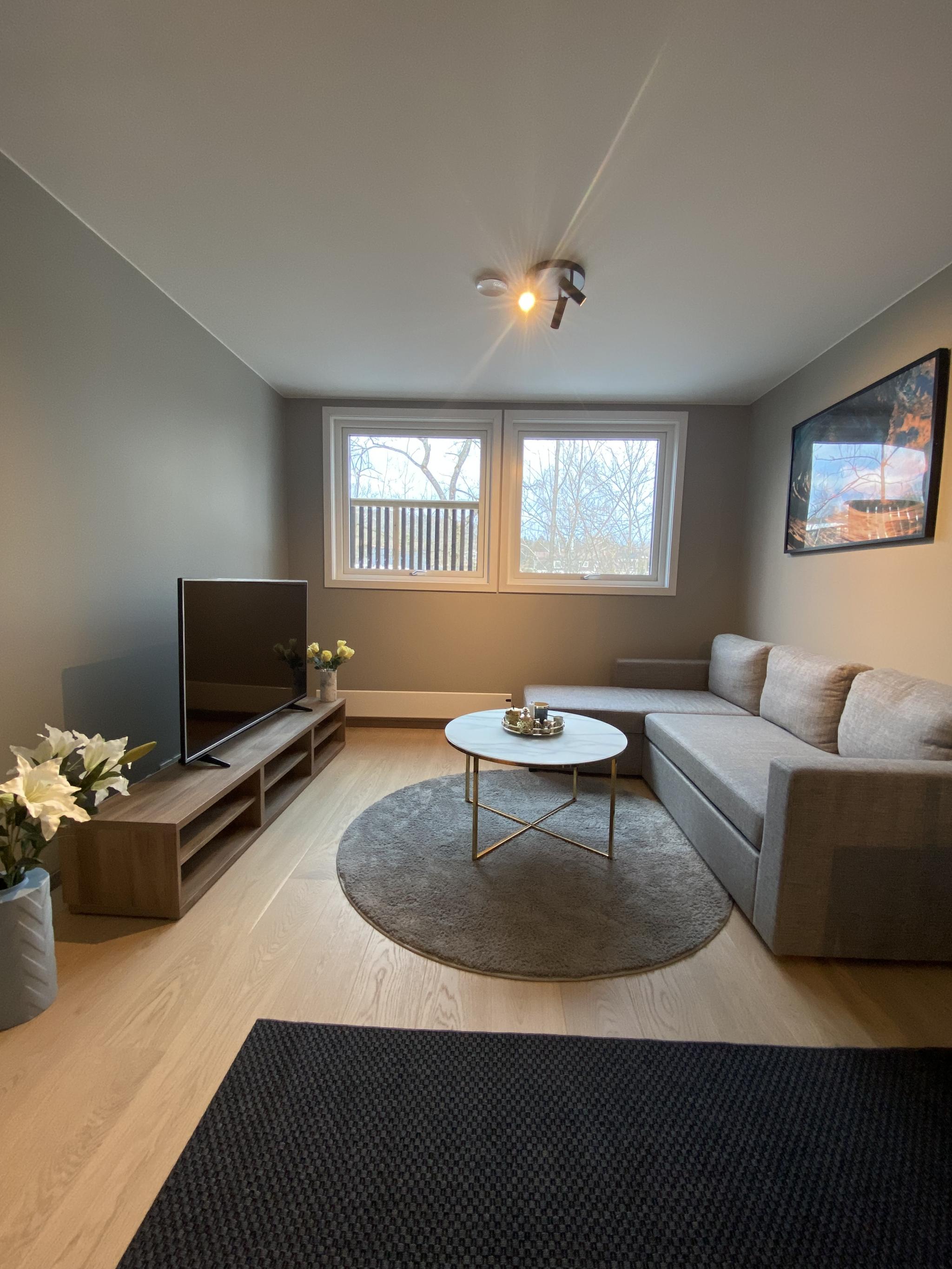 Hyggelig stue med 55"tv og stor sofa med sjeselong