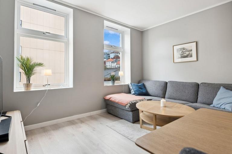 Romslig og lys stue med store vinduer