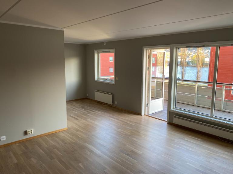 Stue og spiseplass i front av kjøkken