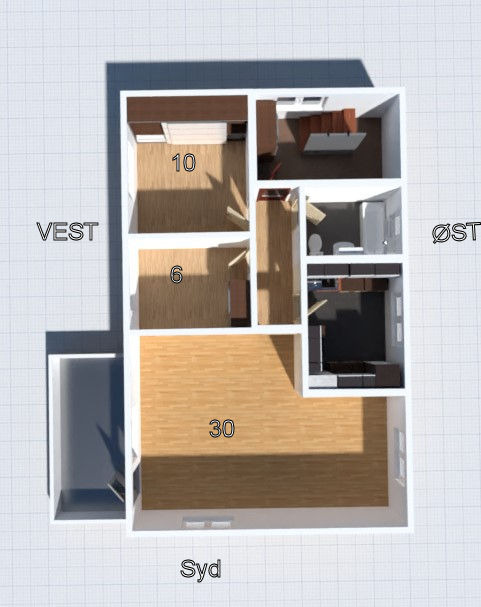 Møblering er Ikea Vokstorp (hvit) kjk.
Øvrige skap Ikea, hvite.