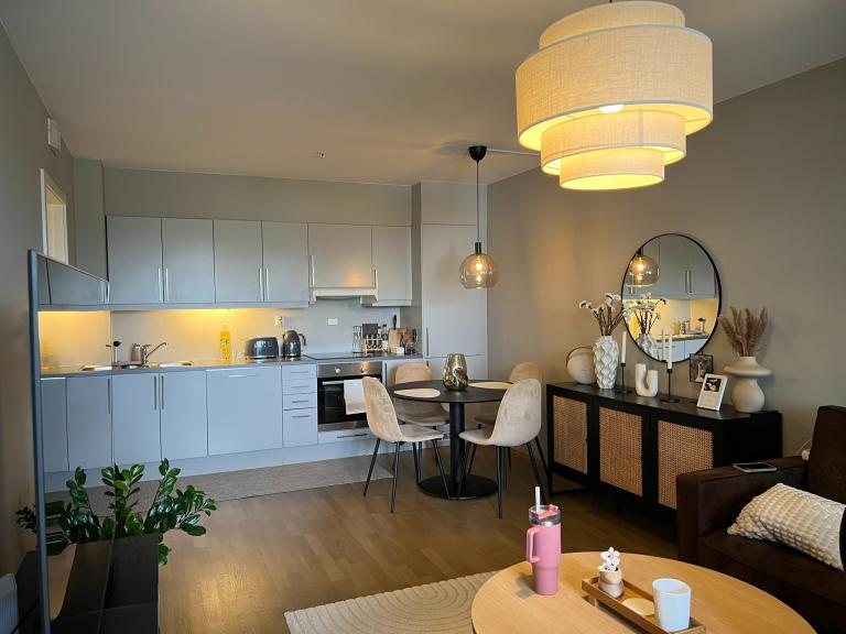 Stue med åpen kjøkkenløsning