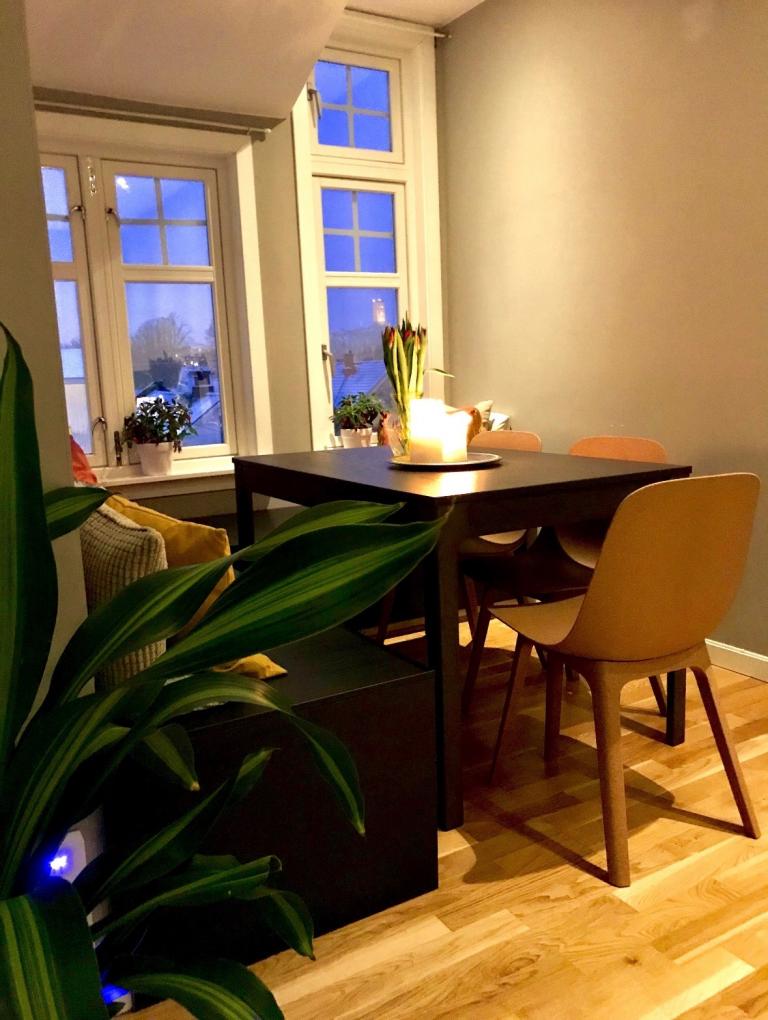 Vindfang med utsikt til Slottsfjellet med lagringsplass i benkene