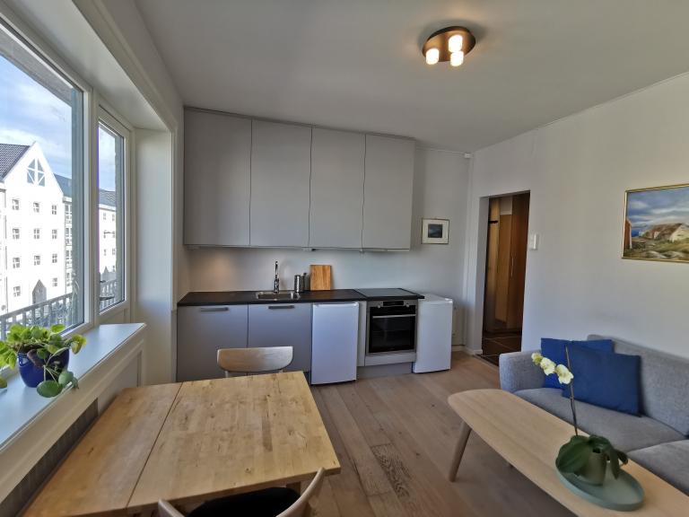 Stue med åpen kjøkkenløsning.