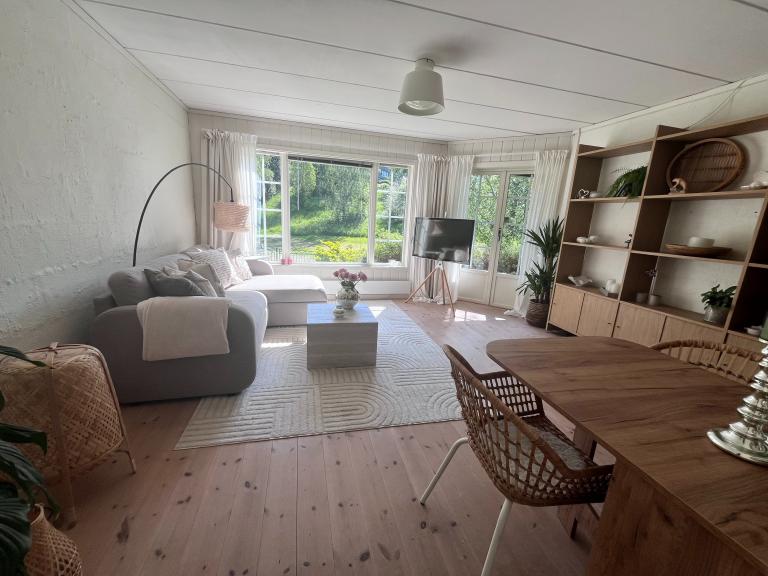 Stue med dagens innredning (hyller på vegg medfølger)