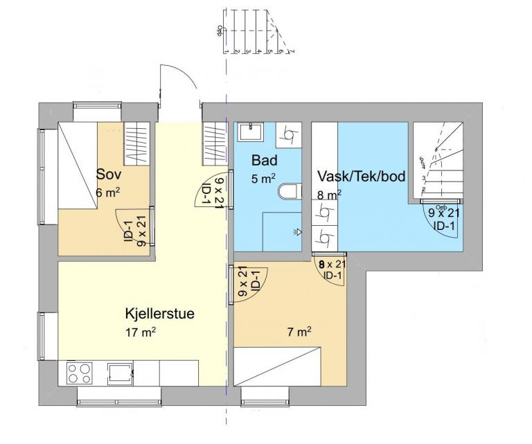 Plantegning. Sov, bad og kjellerstue tilhører leiligheten som leies ut.