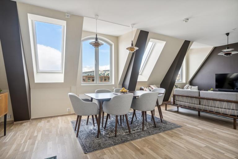 Stort primærrom med stue, spiestue og kjøkken