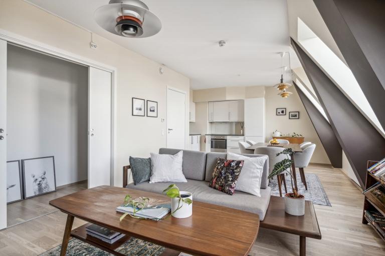 Stort primærrom med stue, spiestue og kjøkken