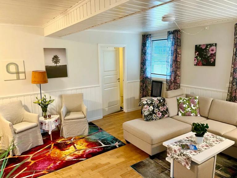 Oppholdsrom/stue. Dør bakerst på bilde er til bod/oppbevaring.