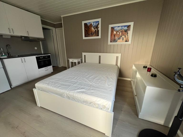 Romslig soverom utstyrt med en 140x200 cm seng, nattbord, kommoder, speil, gardiner, TV-hylle