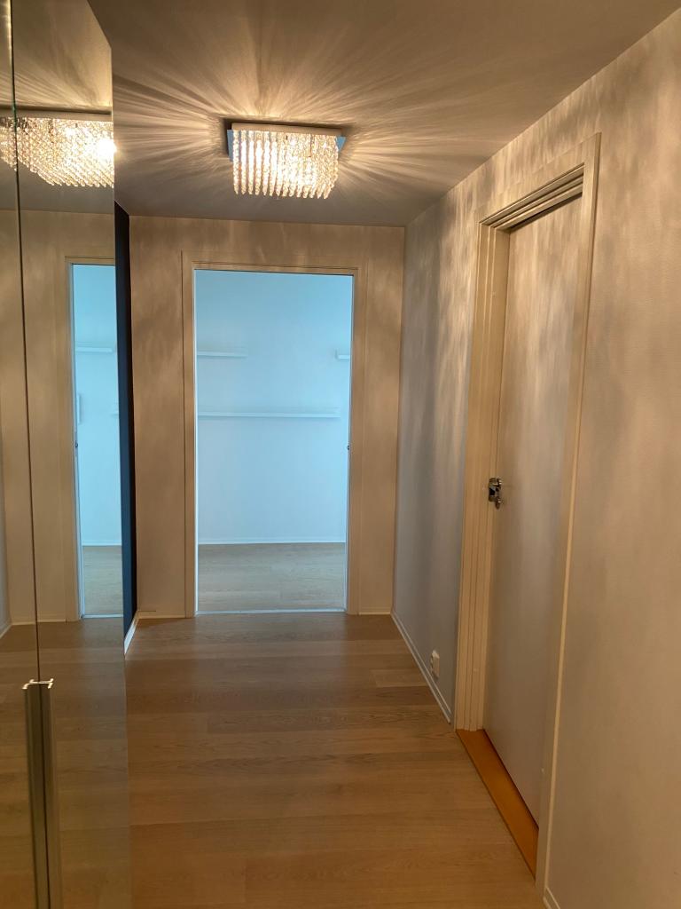 Gang inn mot kjøkken/stue, dørene i gang vender inn mot ett av badene og ett av sove-rommene.