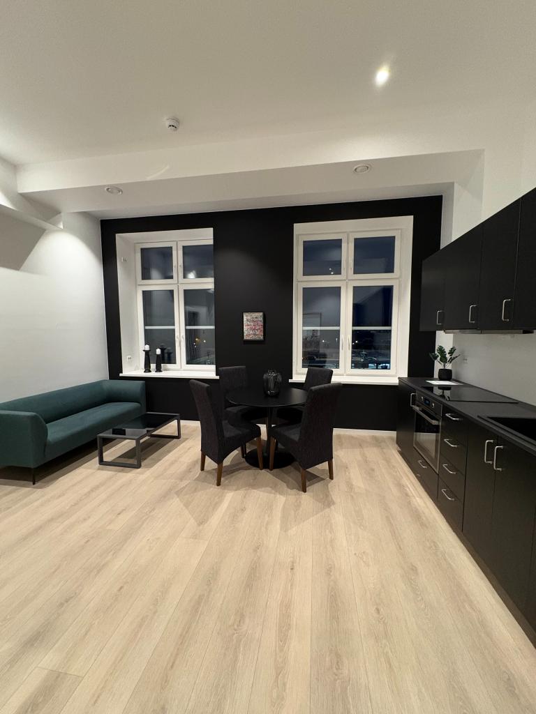 Stue/kjøkken med plass til rundt spisebord og sofa