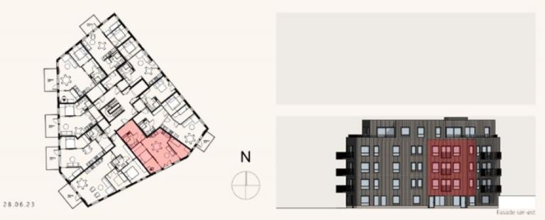 Planløsning og fasade:
Leilighet C206 – effektiv 3-roms planløsning på 61 m² med naturlig lys og smarte romløsninger. Sørøstvendt fasade gir godt dagslys og moderne arkitektur.