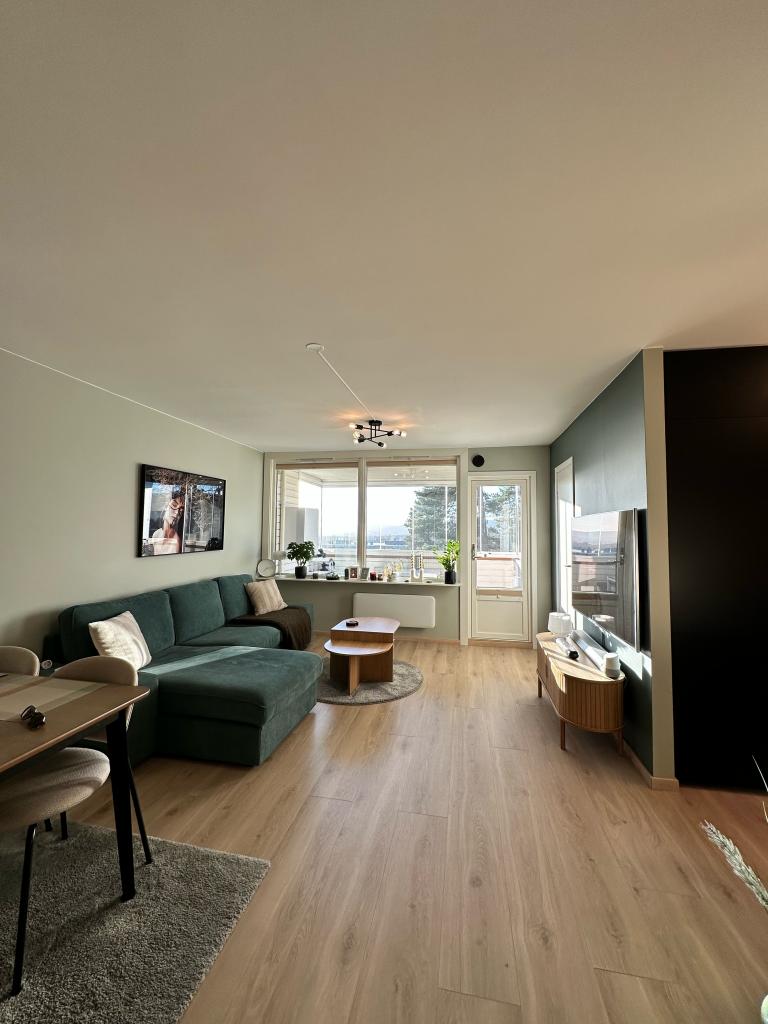 Luftig stue med stor TV (65 tommer)