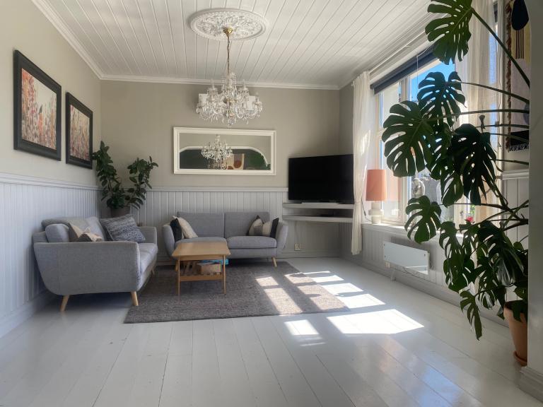 Stue. Store vinduer med manuell lysskjerming. Mye lysinnslipp hele året.