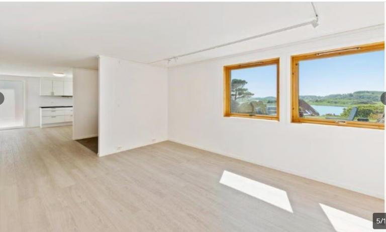 Lys stua med sjøutsikt