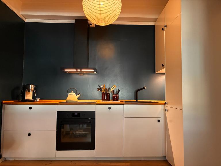 Åpen kjøkkenløsning inn til stue, med komfyr, oppvaskmaskin, kjøl og frys