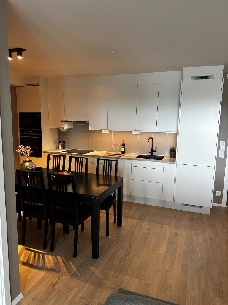 Meget pen stue og kjøkkeløsning.