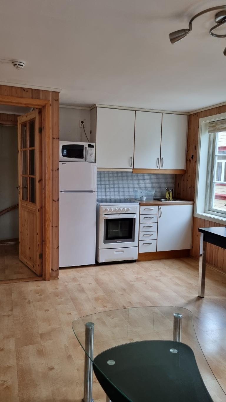 Kjøkken sett fra enden av stua