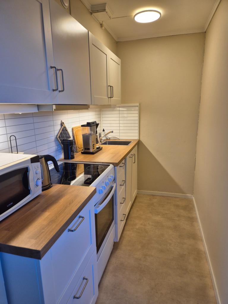 Nytt og fullt utstyrt kjøkken med komfyr, kjøkkenvifte, oppvanskmaskin og microbølgeovn. 