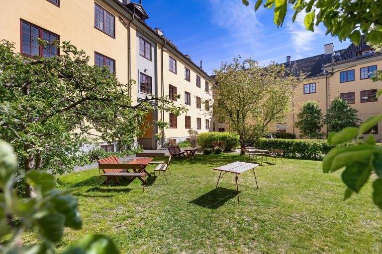 Stor felles bakgård med grill og godt med bord og benker