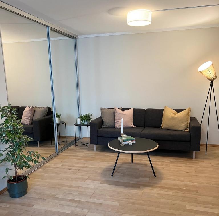 Stuedel med ny sofa og stort skyvedørsskap