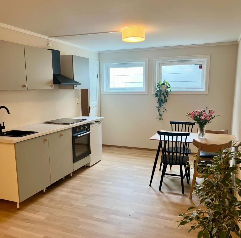 Lys og fint kjøkkenområde med naturlig spiseplass