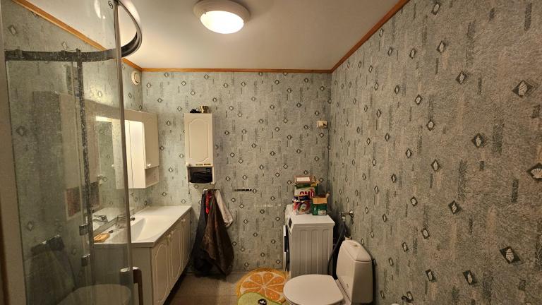 Felles bad med dusjkabinett og vaskemaskin