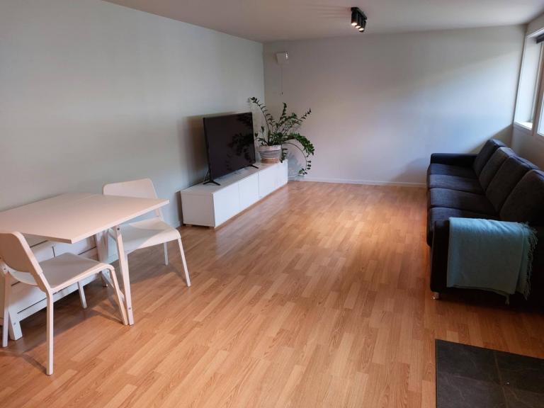 Åpen stue- og kjøkkenløsning med god plass til både spisebord og sofakrok.