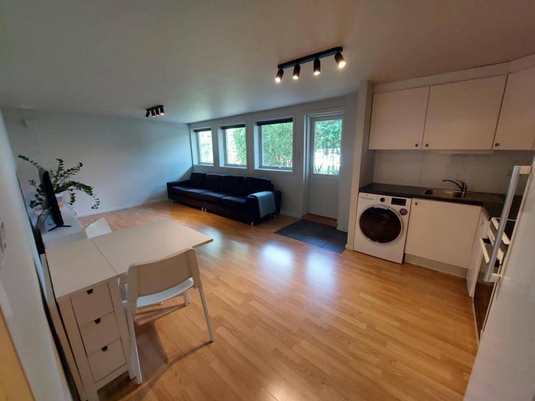 Åpen stue- og kjøkkenløsning med god plass til både spisebord og sofakrok.